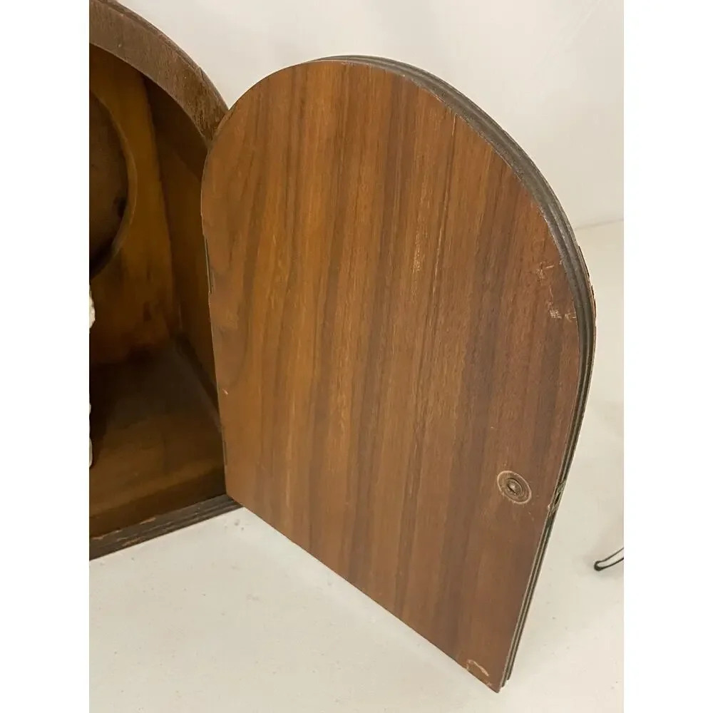 Vintage Wooden Cathedral Clock Case Cabinet Shrine Arched Door Angel Figurine